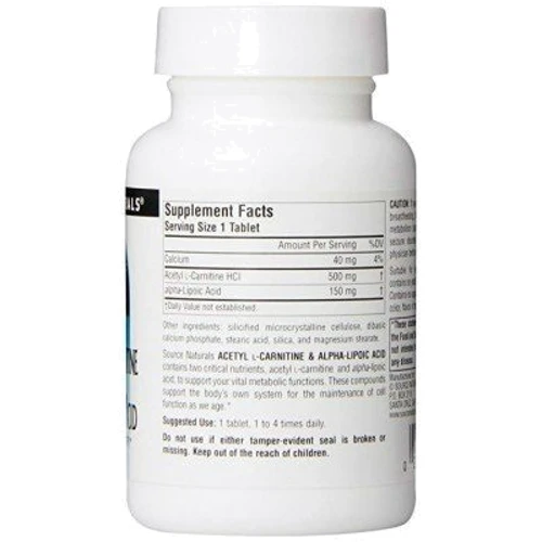 Source Naturals Acetyl L-Carnitine & Alpha Lipoic Acid 650 mg 60 Tabs Ацетил L карнитин + Альфа-липоевая кислота: Тип L Карнитин