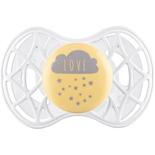 Пустушка Nuvita Air55 Cool симетрична з ковпачком LOVE 6m+ жовто-сіра (NV7085SC)