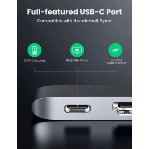 Адаптер Ugreen Adapter CM251 Dual USB-C to 3xUSB3.0+HDMI+USB-C Space Gray (60559): Додаткові роз'єми USB-C, HDMI, USB OTG