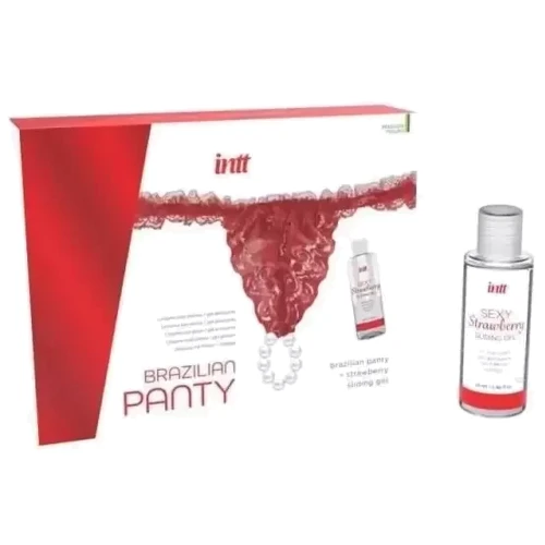 Трусики с жемчужным кольцом и клубничным лубрикантом Intt Brazilian Panty Red
