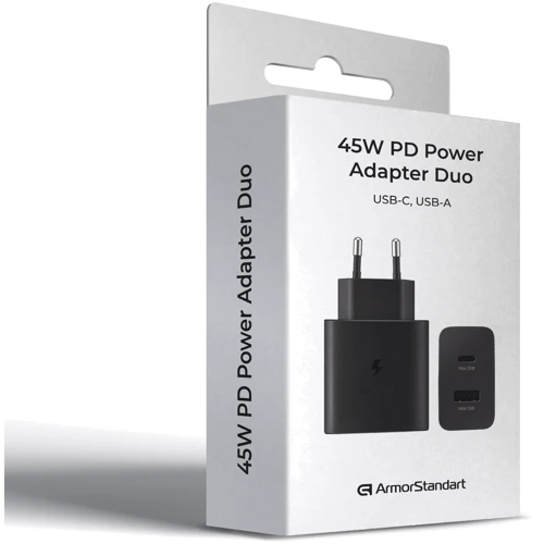 Зарядное устройство ArmorStandart Wall Charger USB+USB-C 45W Black (ARM73646): Особенности Быстрая зарядка, Power Delivery (PD), USB-C