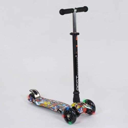 Самокат MAXI "Best Scooter" 4 колеса PU, світло, трубка керма алюмінієва Black / Multicolored (74477)