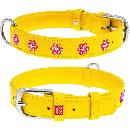 Нашийник WAUDOG Glamour з клейовими стразами "Квіточка" 15 мм 27-36 см жовтий (32848)