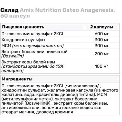 Amix Osteo Anagenesis Для суглобів та зв'язок 60 capsules/30 servings: Тип Глюкозамин