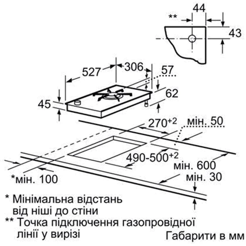 Варочная поверхность газовая Bosch PRA326B70E: Расположение панели спереди