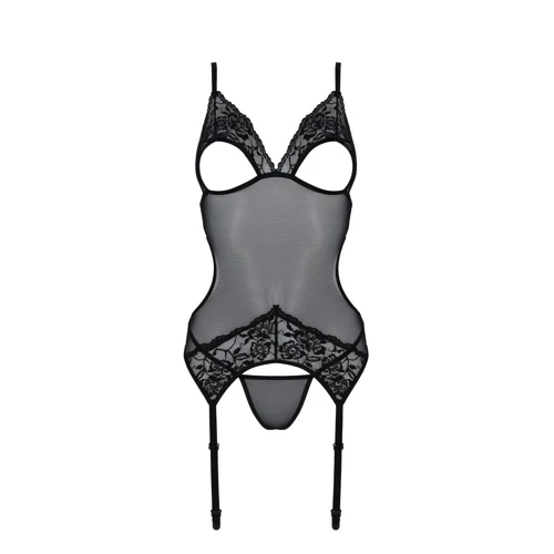 Корсет Passion Christa Corset black XXL/XXXL: с подвязками и ажурным лифом, стринги в комплекте
