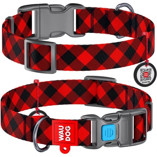 Ошейник WAUDOG Nylon с QR-паспортом, рисунок "Шотландка красная", пластиковый фастекс 15 мм 23-35 см красный (4687)