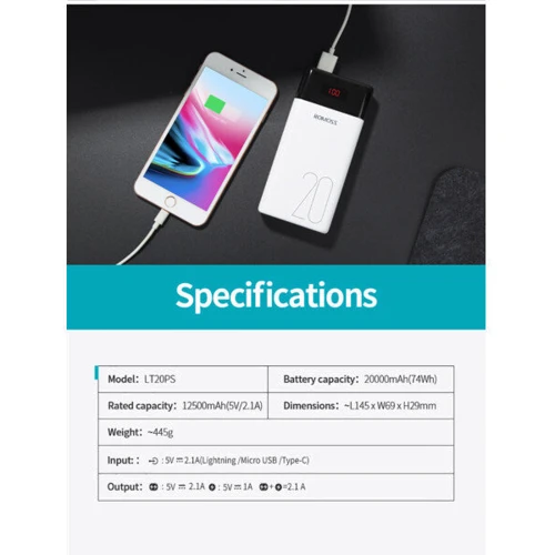 Внешний аккумулятор Romoss Power Bank 20000mAh LT20PS White (PLM20-102-1131H) фото 8