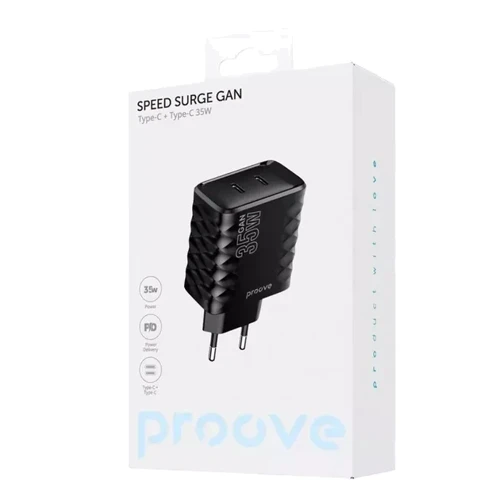 Зарядное устройство Proove Wall Charger 2xUSB-C Speed Surge GaN 35W Black: Кабель в комплекте отсутствует