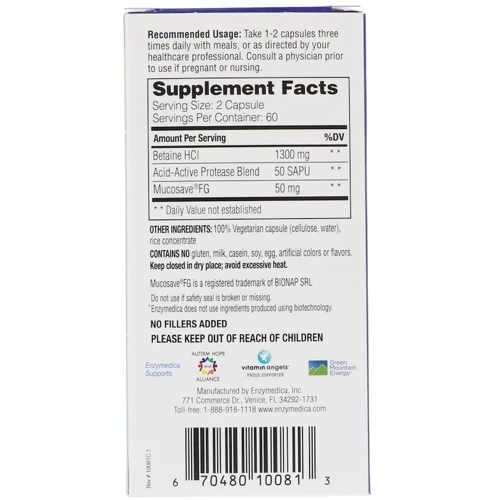 Enzymedica Betaine HCL, 120 Capsules (ENZ-10081): Форма выпуска Капсулы