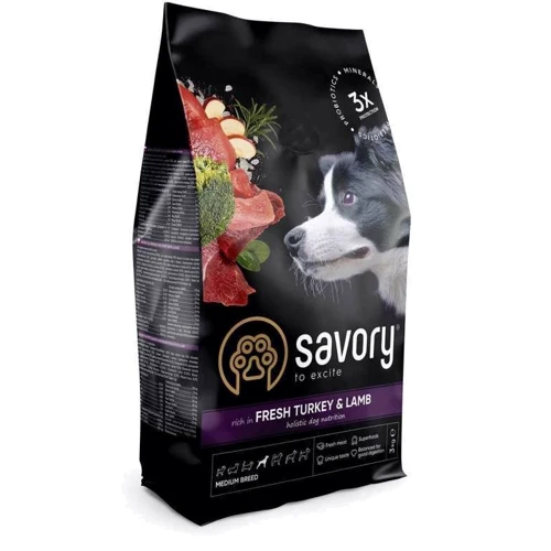 Сухой корм Savory Medium Breed Turkey rich in Fresh Meat with Lamb для собак средних пород с индейкой и ягненком 3 кг