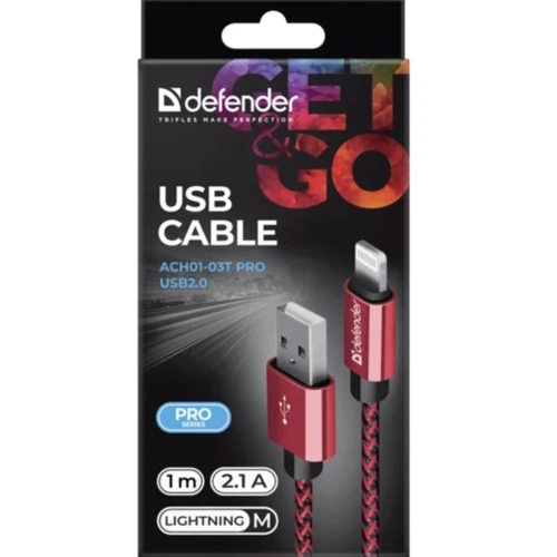 Кабель Defender PRO USB Cable to Lightning 1m Red (87807): Длина 1 м
