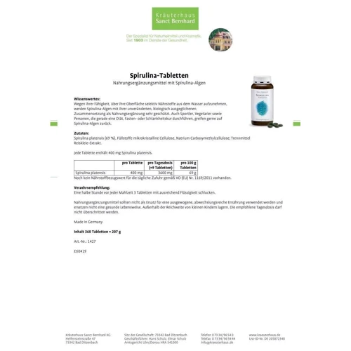 Sanct Bernhard Spirulina Спирулина 400 mg 360 таблеток: Форма выпуска Таблетки