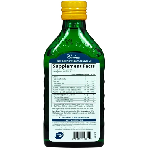 Carlson Labs Cod Liver Oil 250 ml Жир печінки дикої норвезької тріски смак лимона: Тип Омега 3