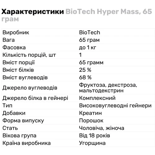 Гейнер BiotechUSA Hyper Mass 2270 g /34 servings/ Salty Caramel: Пол Унисекс