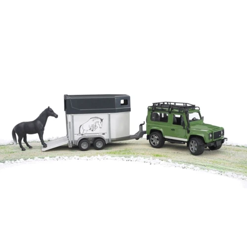 BRUDER Іграшка - джип Land Rover Defender з причепом для перевезення коней + конячка, М1: 16 (02592)