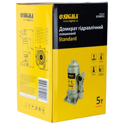 sigma домкрат гидравлический бутылочный 5т H 185-355мм Standard (6106051): Высота подъема, см 35.5