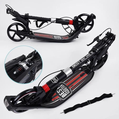 Самокат двоколісний Best Scooter PU колеса, 2 амортизатора, затиск керма, ручне гальмо Black / Red (99644): Тип коліс литі