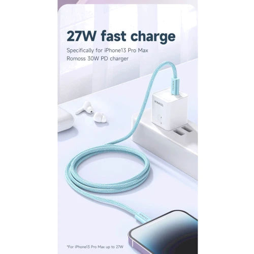 Кабель Romoss Cable USB-C to Lightning CB1734 9V 3A 1m Green (CB1734-631-414H): Тип USB-C - Lightning