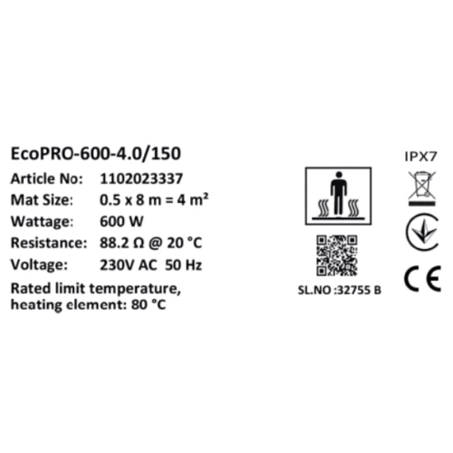 Мат нагрівальний Warmstad Max EcoPRO-600-4.0/150 W/m2: Площа обігріву, кв.м 4