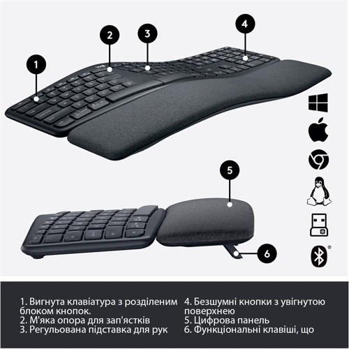 Клавіатура Logitech ERGO K860 Bluetooth/Wireless UA Black (920-010108): Тип клавіш мембранный