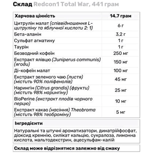 Предтренировочный комплекс Redcon1 Total War 441 g /30 serving/ Orange juice: Тип Комплекс до тренировки
