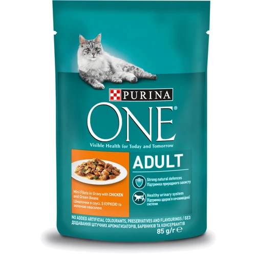 Вологий корм Purina ONE Adult для котів з куркою та зеленою квасолею 24х85 г (12455710)