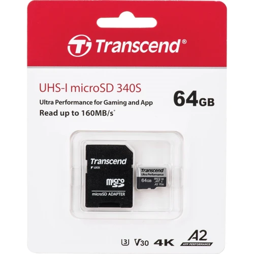 Карта памяти Transcend 64GB microSDXC Class 10 UHS-I U3 A2 V30 (TS64GUSD340S): Объем 64 ГБ