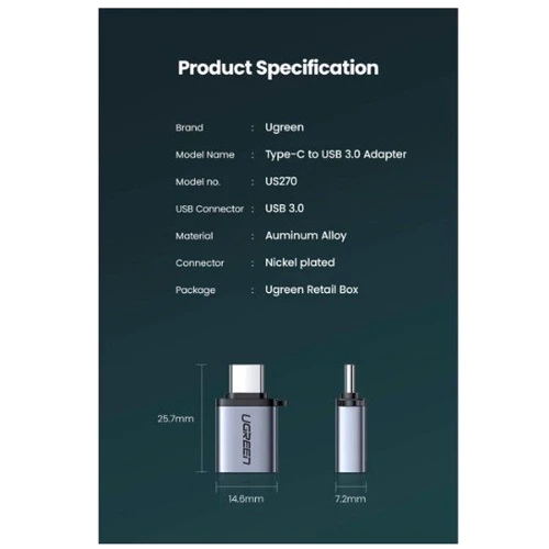 Адаптер Ugreen Adapter US270 USB-C 3.1 to USB 3.0 Cable with Lanyard Space Gray (50283) фото 7