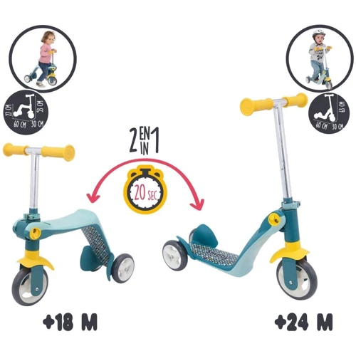 Дитячий самокат-трансформер Smoby 2-в-1 з металевою рамою, триколісний (750612): Конструкція рами складна