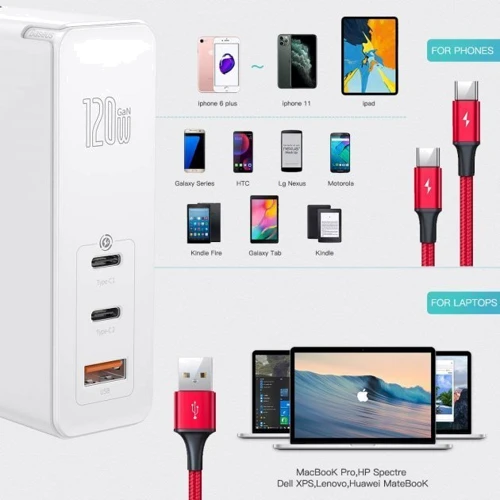 Зарядное устройство Baseus USB-C Wall Charger Mini GaN 2xUSB-C+USB 120W White (CCGAN-J02): Тип сетевое