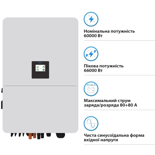 Гибридный солнечный инвертор (hybrid) Deye SUN-60K-SG02HP3-EU-EM6 60KW HV-battery 6 MPPT Wi-Fi 220/380V,3 фази