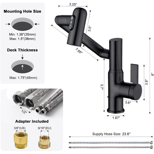 Смеситель для раковины Lefton Single-Hole Rotatable Faucet with Temperature Display-BF2204 Matt Black фото 9