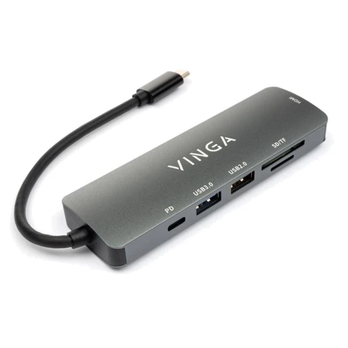 Адаптер Vinga Adapter USB-C to HDMI+USB3.0+USB2.0+SD+microSD+PD (VHC6): Цвет серый