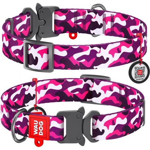 Ошейник WAUDOG Nylon с QR-паспортом, рисунок "Розовый камо", металлическая пряжка-фастекс 25 мм 35-58 см разноцветный (5099)