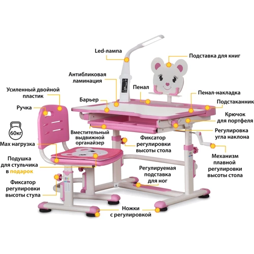 Комплект Evo-kids (стул+стол+полка+лампа) BD-04 P (XL) Teddy c лампой