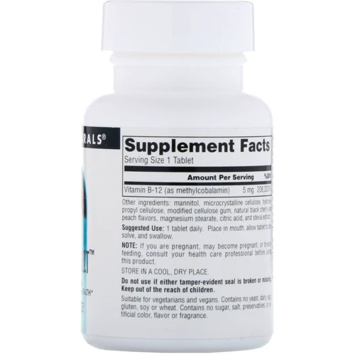 Source Naturals B-12 Fast Melt 5 mg 60 Tabs Витамин B12 метилкобаламин: Тип Витамин B