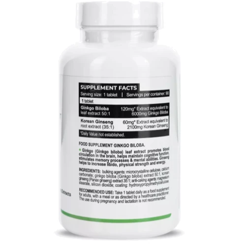Progress Nutrition Ginkgo biloba 120 mg + Ginseng Extracts 60 mg Гінкго білоба 120 мг + екстракт женьшеню 60 мг 90 таблеток: Форма випуску Таблетки