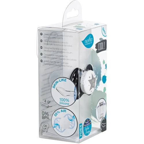 Пустышка Nuvita Air55 Cool ортодонтическая с колпачком BABY STAR 0m+ черная (NV7064IB): Материал силикон