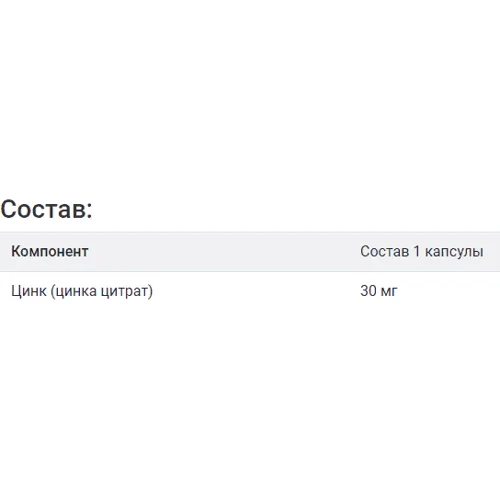 Solgar Zinc Citrate, 30 mg Солгар Цитрат цинка 30 мг, 100 капсул: Тип Цинк