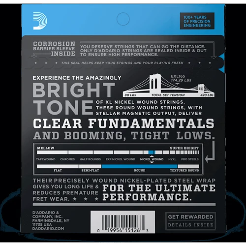 Струна для гитар Комплект струн D'addario EXL165 XL Nickel Wound Bass Regular Light Top / Medium Bottom (45-105): Назначение Для бас-гитары
