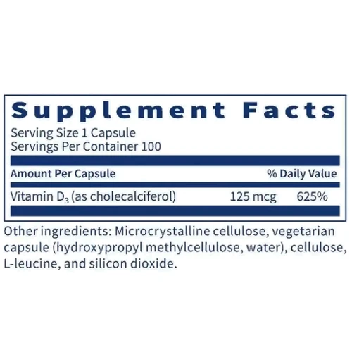 Klaire Labs Vitamin D3 125 mcg Витамин D3 100 капсул: Тип Витамин D