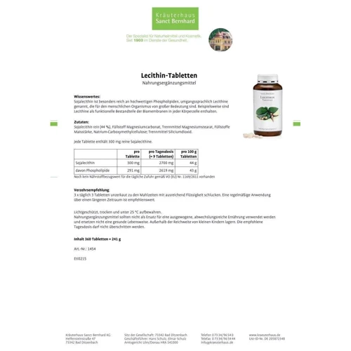 Sanct Bernhard Lecithin Лецитин 300 mg 360 таблеток: Тип лецитин
