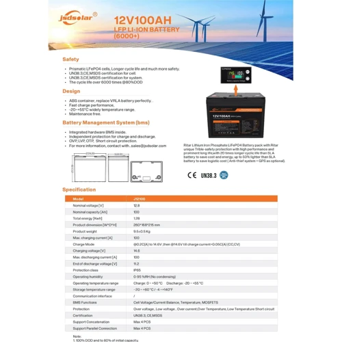 Аккумуляторная батарея JSDsolar J12100 LiFePO4 12V 100Ah 1.2kwh: Напряжение, В 12