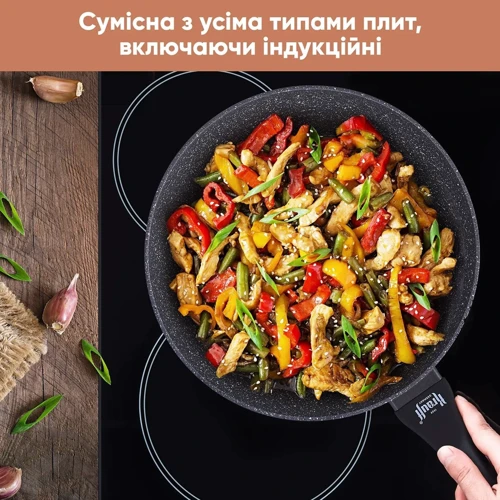 Сковорода Wok Krauff Fry Power 28 см (27597): Дополнительно Ручка с отверстием для подвешивания, Ненагревающаяся ручка, Индукционное дно