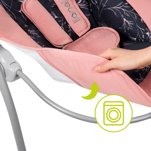 Кресло-качалка Lionelo Ruben Pink Baby: Дополнительные удобства дуга с игрушками, блок с музыкой, Звуковое сопровождение, Контроль скорости движения, Съемный чехол,