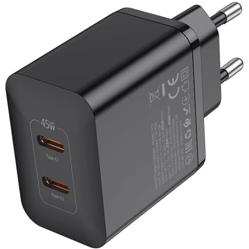 Зарядное устройство Hoco Wall Charger N35 Streamer 2xUSB-C 45W Black with USB-C Cable: Кабель в комплекте USB-C