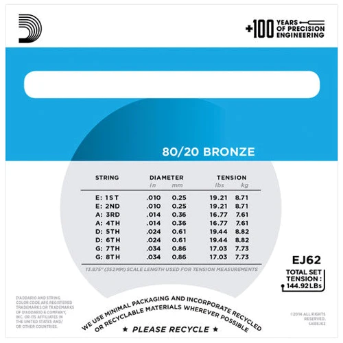 Струна для гитар Струны D`ADDARIO EJ62 MANDOLIN 80/20 BRONZE LIGHT 10-34: Тип Комплект струн