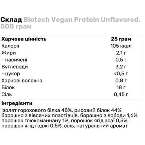 Протеин Biotech Vegan Protein 500 g/20 serving/ Unflavored: Вид Многокомпонентные