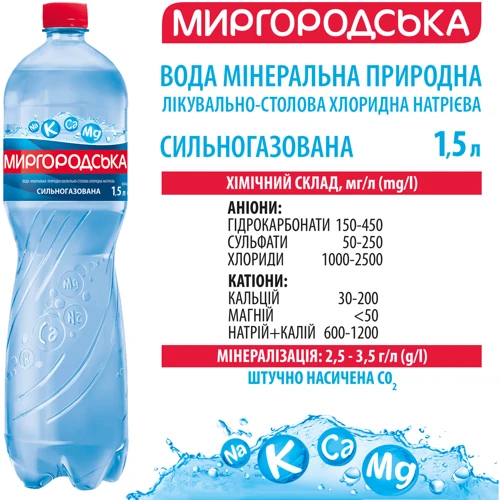 Вода Миргородська минеральная природная лечебно-столовая сильногазированная 6х1.5 л (DS48200004300126): Объем, л 9